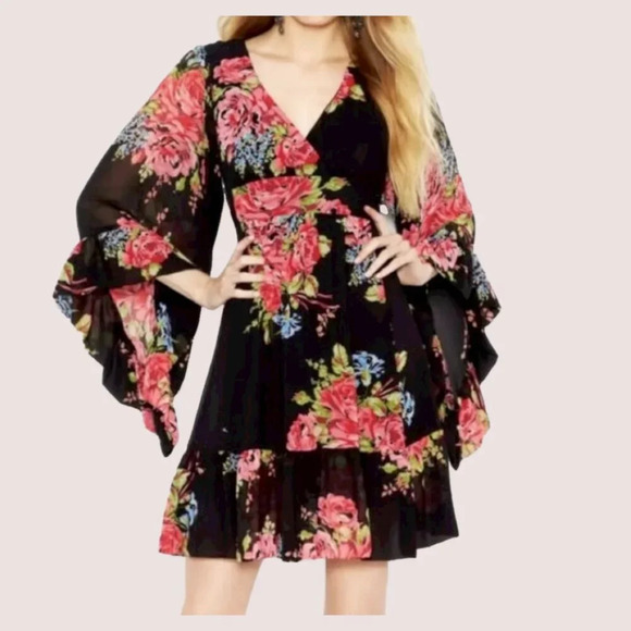Betsey Johnson Dresses & Skirts - Y2K Betsey Johnson Iconic Bambi Kimono Sleeve Ruffle Dress Black Pink Roses Vint